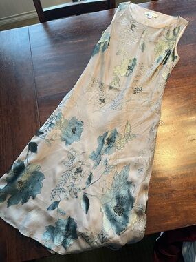 Casual Corner Beige Slip Dress with Teal Floral Print
